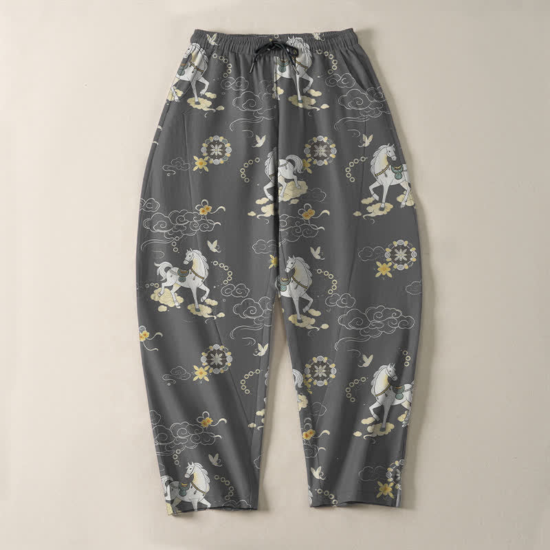 Buddha Stones Herrenhose aus reiner Baumwolle mit weißem Pferde-, Wolken- und Blütenmuster, Kordelzug, schmal zulaufendem Schnitt und Taschen - image 9