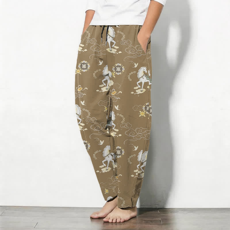Buddha Stones Herrenhose aus reiner Baumwolle mit weißem Pferde-, Wolken- und Blütenmuster, Kordelzug, schmal zulaufendem Schnitt und Taschen - image 12