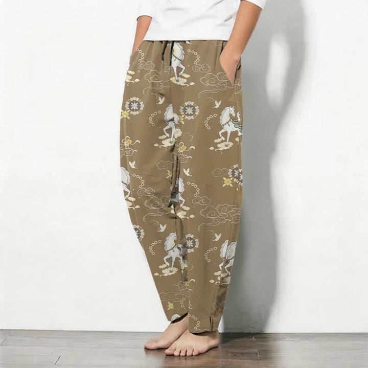 Buddha Stones Herrenhose aus reiner Baumwolle mit weißem Pferde-, Wolken- und Blütenmuster, Kordelzug, schmal zulaufendem Schnitt und Taschen - image 12