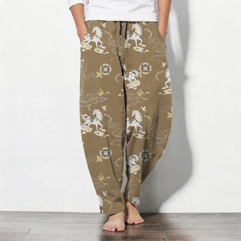 Buddha Stones Herrenhose aus reiner Baumwolle mit weißem Pferde-, Wolken- und Blütenmuster, Kordelzug, schmal zulaufendem Schnitt und Taschen - Bräunen - US/ UK/AU50, EU60 (5XL) - image 11