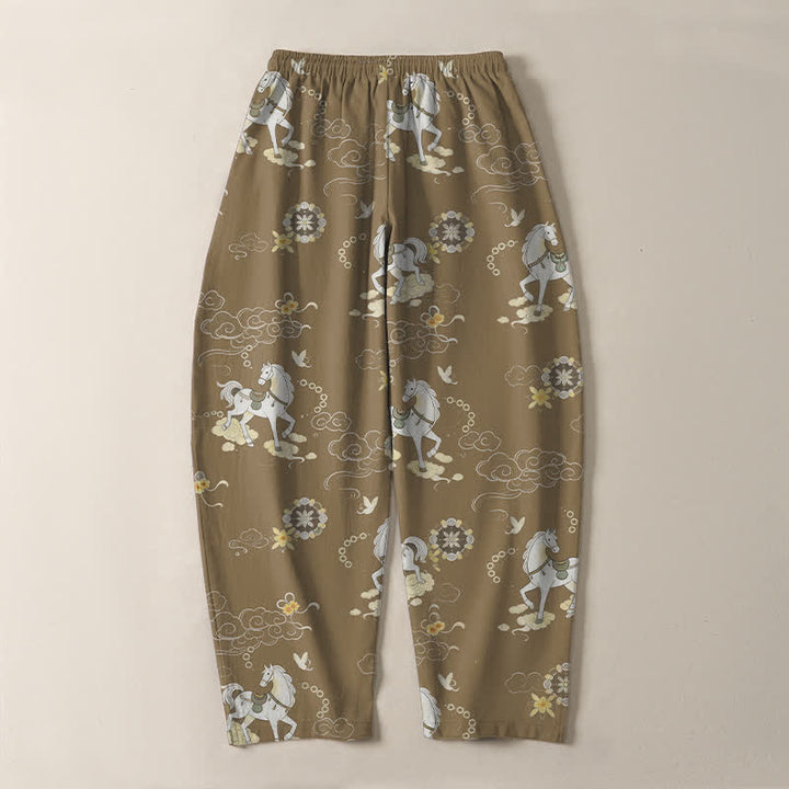 Buddha Stones Herrenhose aus reiner Baumwolle mit weißem Pferde-, Wolken- und Blütenmuster, Kordelzug, schmal zulaufendem Schnitt und Taschen - image 14
