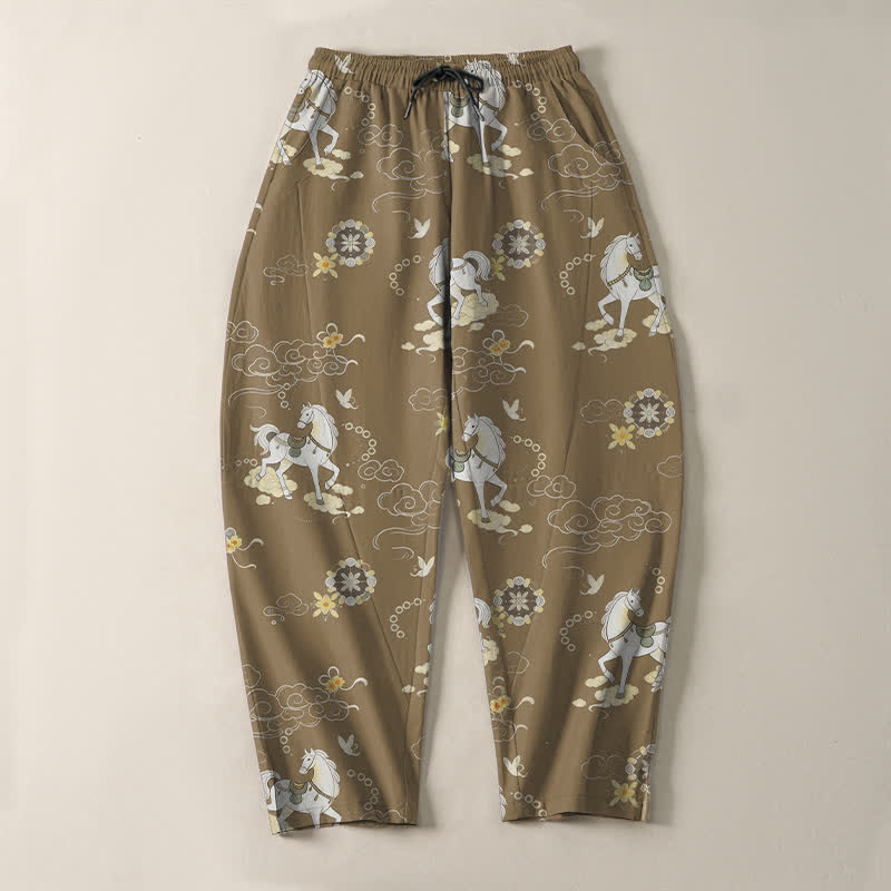 Buddha Stones Herrenhose aus reiner Baumwolle mit weißem Pferde-, Wolken- und Blütenmuster, Kordelzug, schmal zulaufendem Schnitt und Taschen - image 13