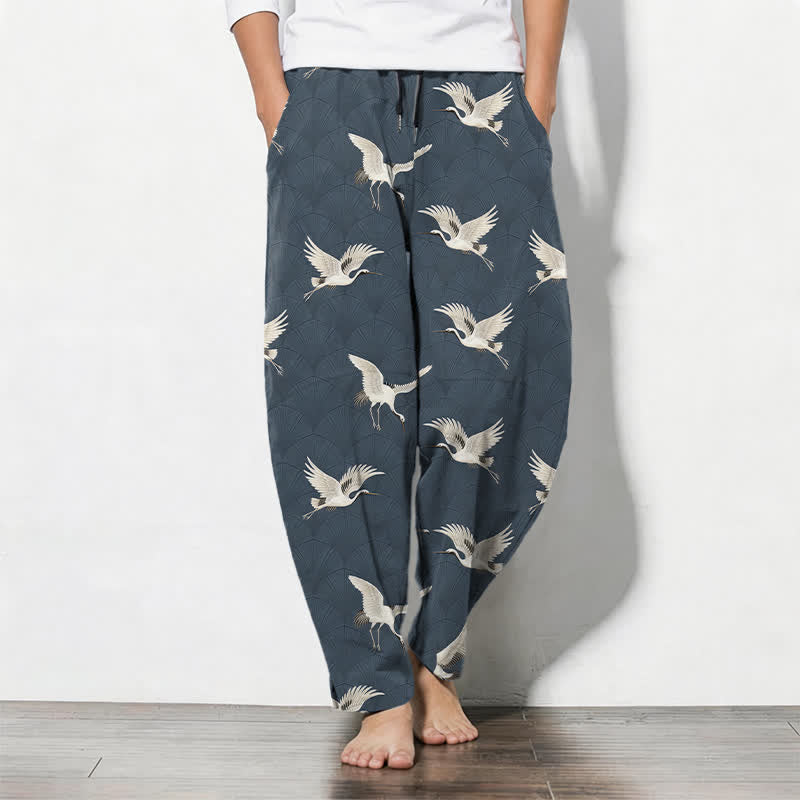 Buddha Stones Herrenhose aus reiner Baumwolle mit weißem Kranichmuster, Kordelzug, schmal zulaufendem Bein und Taschen - SteelBlue - US/ UK/AU50, EU60 (5XL) - image 0
