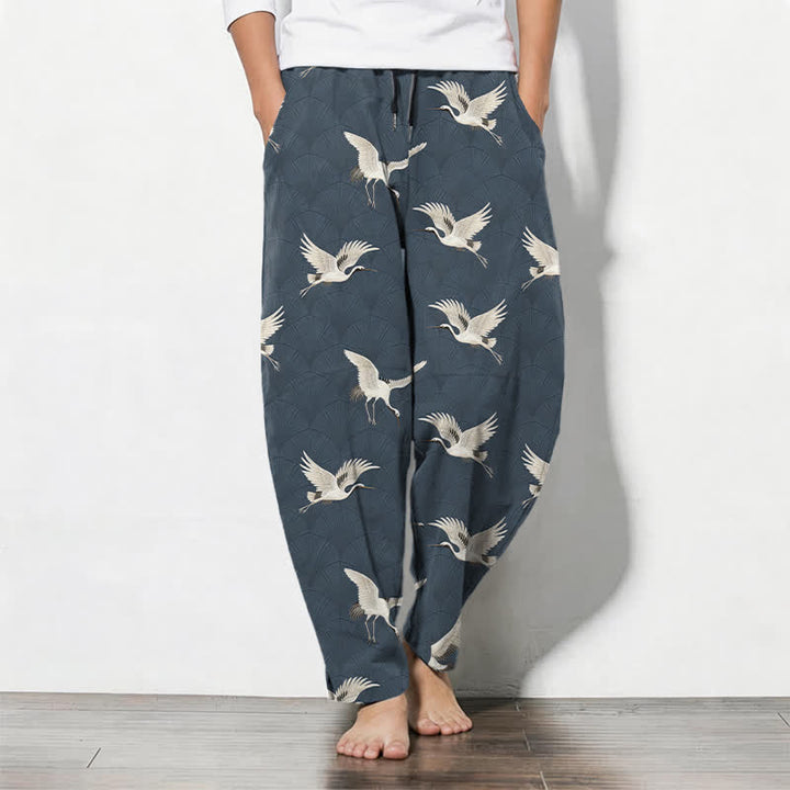 Buddha Stones Herrenhose aus reiner Baumwolle mit weißem Kranichmuster, Kordelzug, schmal zulaufendem Bein und Taschen - SteelBlue - US/ UK/AU50, EU60 (5XL) - image 0
