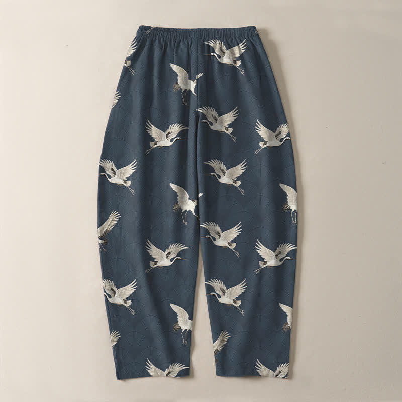 Buddha Stones Herrenhose aus reiner Baumwolle mit weißem Kranichmuster, Kordelzug, schmal zulaufendem Bein und Taschen - image 3