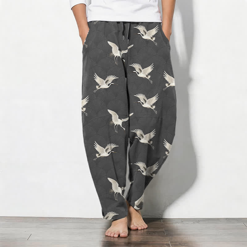 Buddha Stones Herrenhose aus reiner Baumwolle mit weißem Kranichmuster, Kordelzug, schmal zulaufendem Bein und Taschen - DimGray - US/ UK/AU50, EU60 (5XL) - image 7