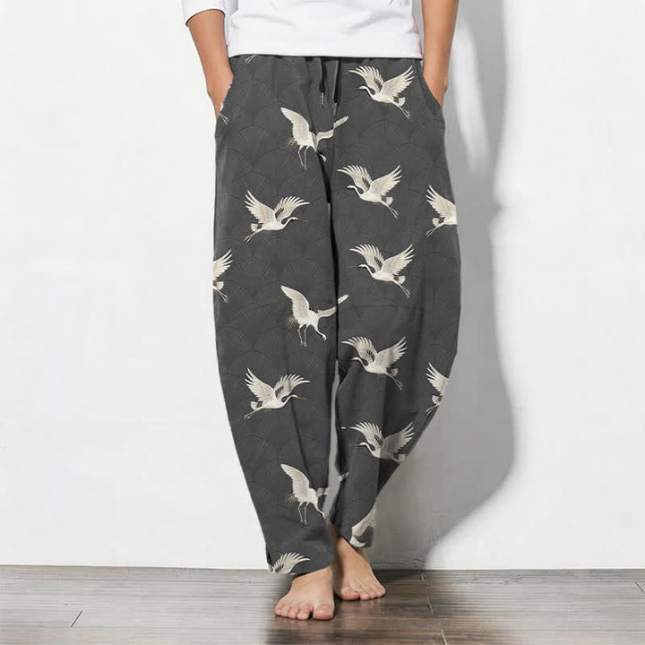 Buddha Stones Herrenhose aus reiner Baumwolle mit weißem Kranichmuster, Kordelzug, schmal zulaufendem Bein und Taschen - DimGray - US/ UK/AU50, EU60 (5XL) - image 7