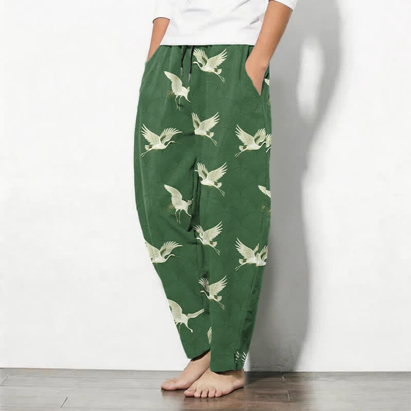 Buddha Stones Herrenhose aus reiner Baumwolle mit weißem Kranichmuster, Kordelzug, schmal zulaufendem Bein und Taschen - image 12