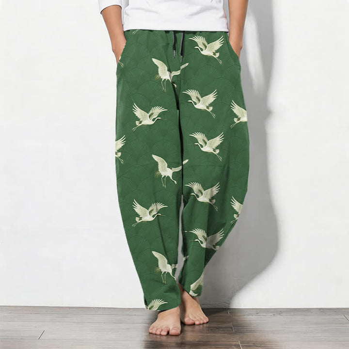 Buddha Stones Herrenhose aus reiner Baumwolle mit weißem Kranichmuster, Kordelzug, schmal zulaufendem Bein und Taschen - Waldgrün - US/ UK/AU50, EU60 (5XL) - image 11