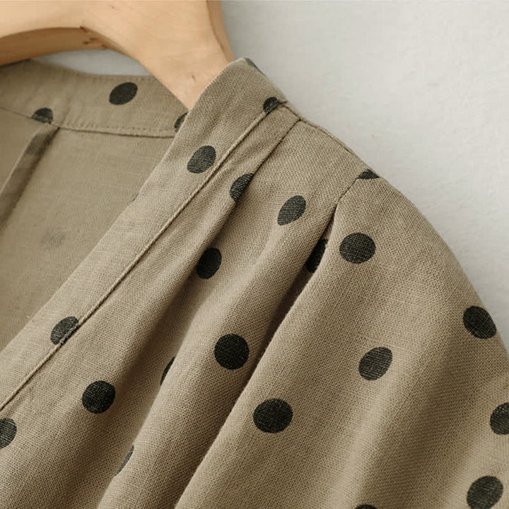 Buddha Stones Sommer-Midikleid mit Punkten, V-Ausschnitt, Schnürung, Baumwolle und Leinen für Damen mit Taschen - image 2
