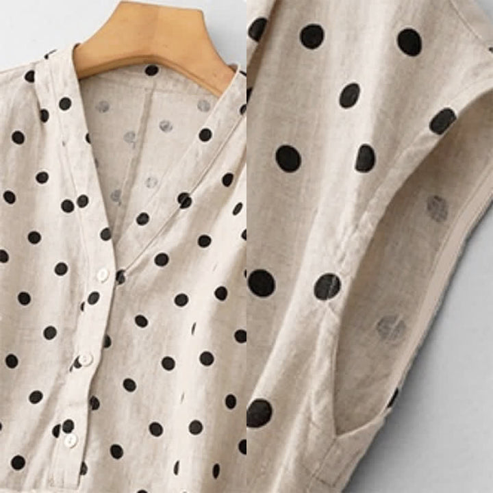 Buddha Stones Sommer-Midikleid mit Punkten, V-Ausschnitt, Schnürung, Baumwolle und Leinen für Damen mit Taschen - image 16