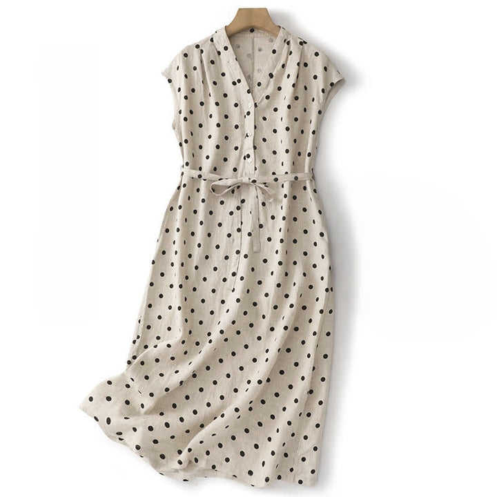 Buddha Stones Sommer-Midikleid mit Punkten, V-Ausschnitt, Schnürung, Baumwolle und Leinen für Damen mit Taschen - Weiß - US14, UK/AU18, EU46 (2XL) - image 8