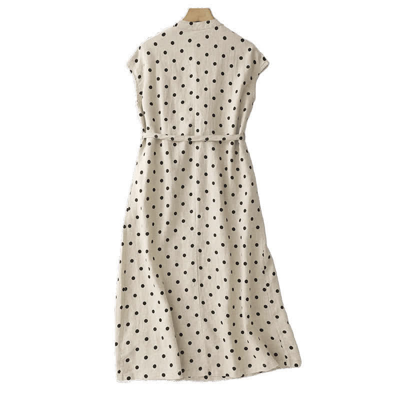 Buddha Stones Sommer-Midikleid mit Punkten, V-Ausschnitt, Schnürung, Baumwolle und Leinen für Damen mit Taschen - image 9