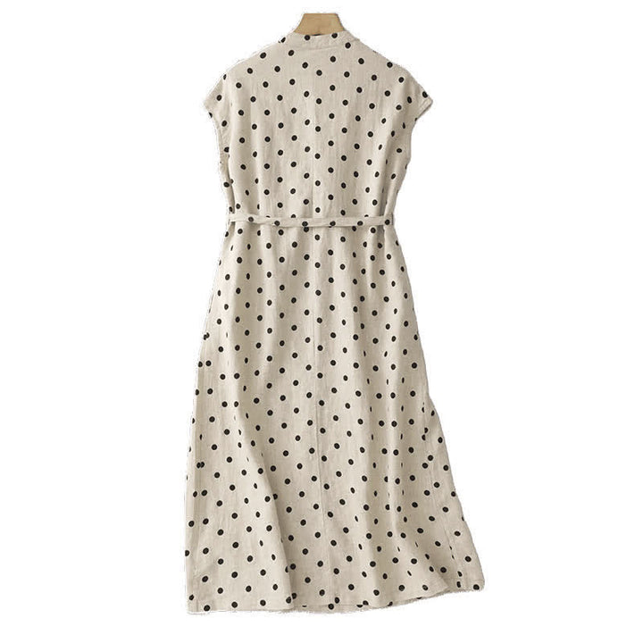 Buddha Stones Sommer-Midikleid mit Punkten, V-Ausschnitt, Schnürung, Baumwolle und Leinen für Damen mit Taschen - image 9