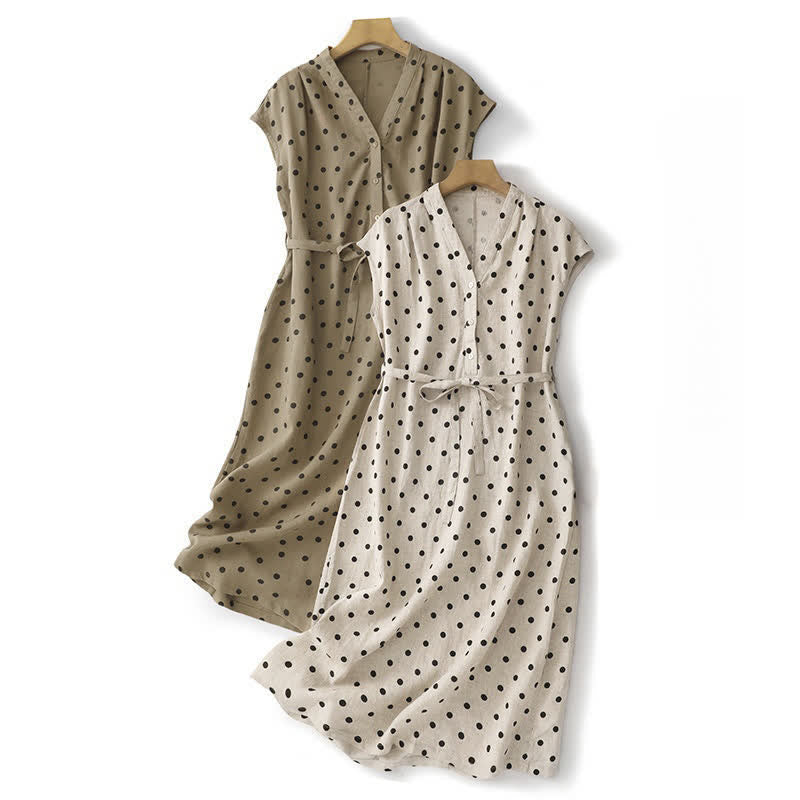 Buddha Stones Sommer-Midikleid mit Punkten, V-Ausschnitt, Schnürung, Baumwolle und Leinen für Damen mit Taschen - image 20