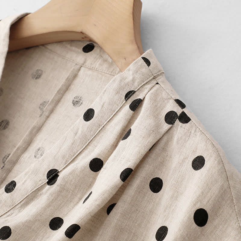 Buddha Stones Sommer-Midikleid mit Punkten, V-Ausschnitt, Schnürung, Baumwolle und Leinen für Damen mit Taschen - image 12