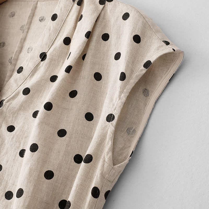 Buddha Stones Sommer-Midikleid mit Punkten, V-Ausschnitt, Schnürung, Baumwolle und Leinen für Damen mit Taschen - image 13