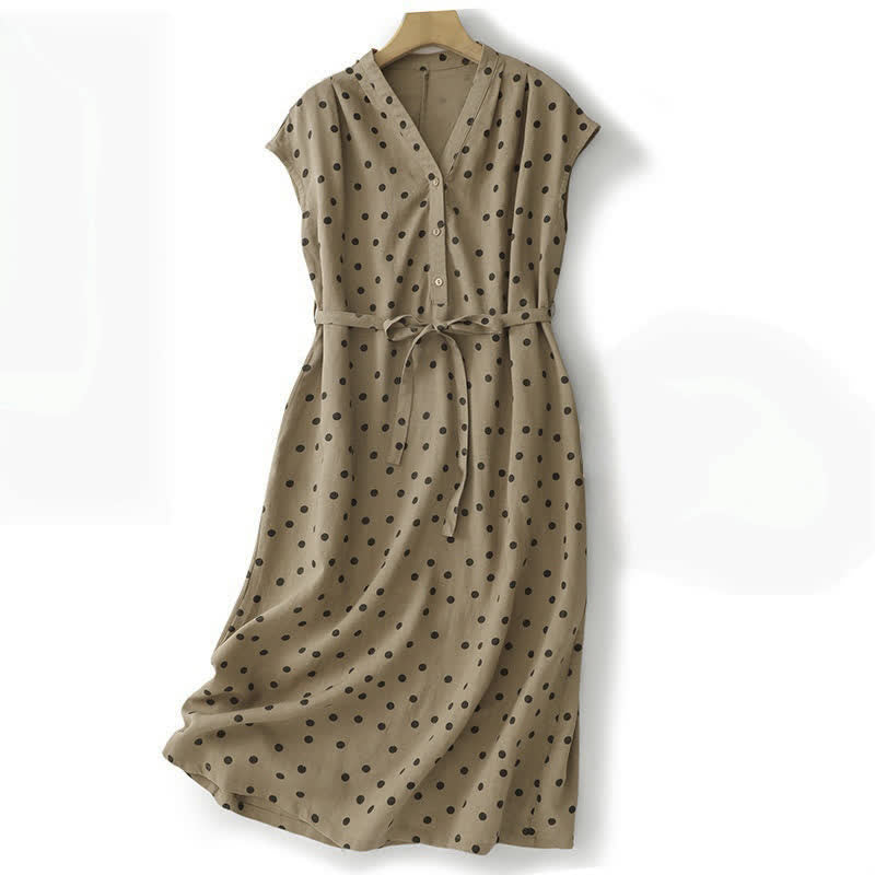 Buddha Stones Sommer-Midikleid mit Punkten, V-Ausschnitt, Schnürung, Baumwolle und Leinen für Damen mit Taschen - Bräunen - US14, UK/AU18, EU46 (2XL) - image 0