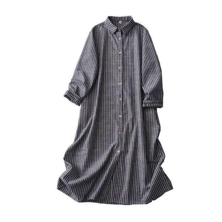 Buddha Stones – Hellstahlblau-weiß gestreiftes Midikleid aus Baumwolle und Leinen mit langen Ärmeln und Revers und Taschen - image 10