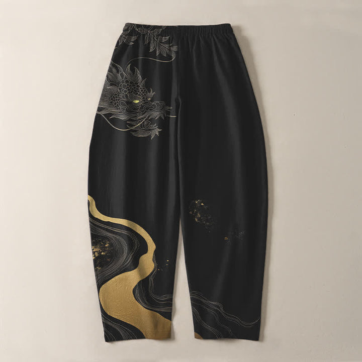 Buddha Stones Herrenhose aus reiner Baumwolle mit goldenem Drachen-, Wolken- und Wellenmuster, Kordelzug, schmal zulaufendem Schnitt und Taschen - image 3