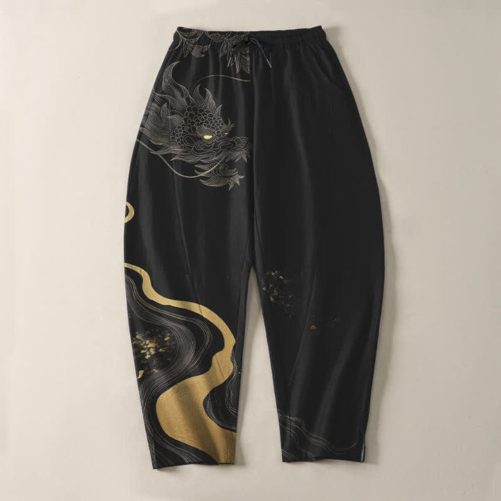 Buddha Stones Herrenhose aus reiner Baumwolle mit goldenem Drachen-, Wolken- und Wellenmuster, Kordelzug, schmal zulaufendem Schnitt und Taschen - image 2