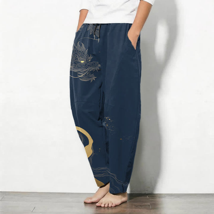 Buddha Stones Herrenhose aus reiner Baumwolle mit goldenem Drachen-, Wolken- und Wellenmuster, Kordelzug, schmal zulaufendem Schnitt und Taschen - image 8