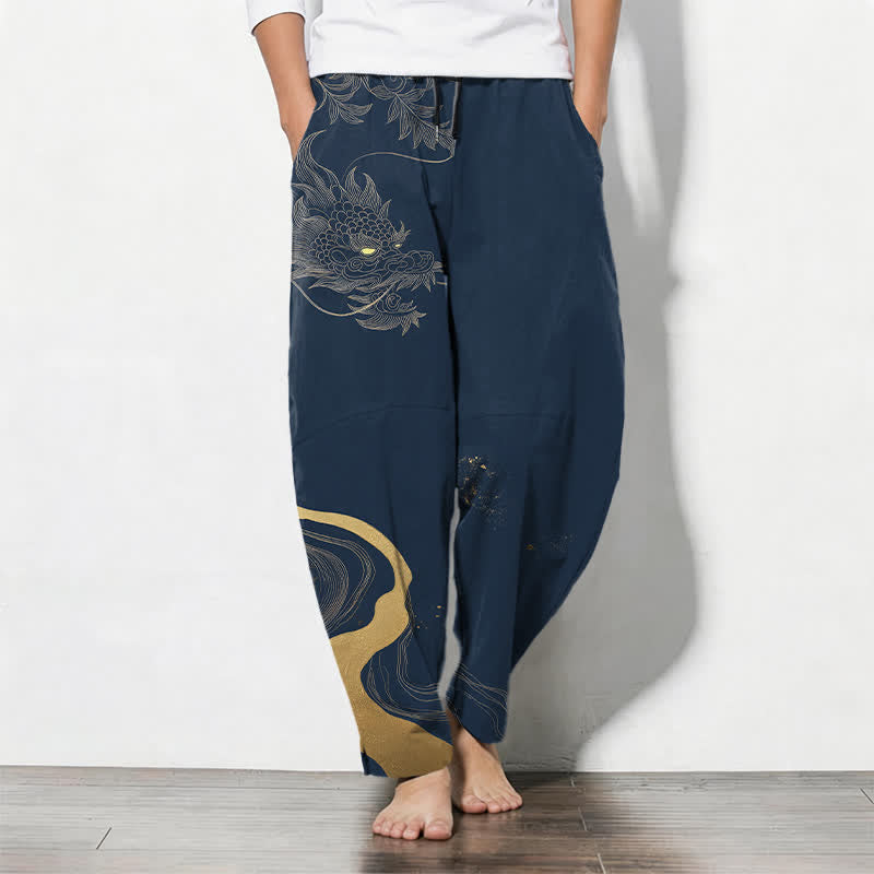 Buddha Stones Herrenhose aus reiner Baumwolle mit goldenem Drachen-, Wolken- und Wellenmuster, Kordelzug, schmal zulaufendem Schnitt und Taschen - Marine - US/ UK/AU50, EU60 (5XL) - image 7