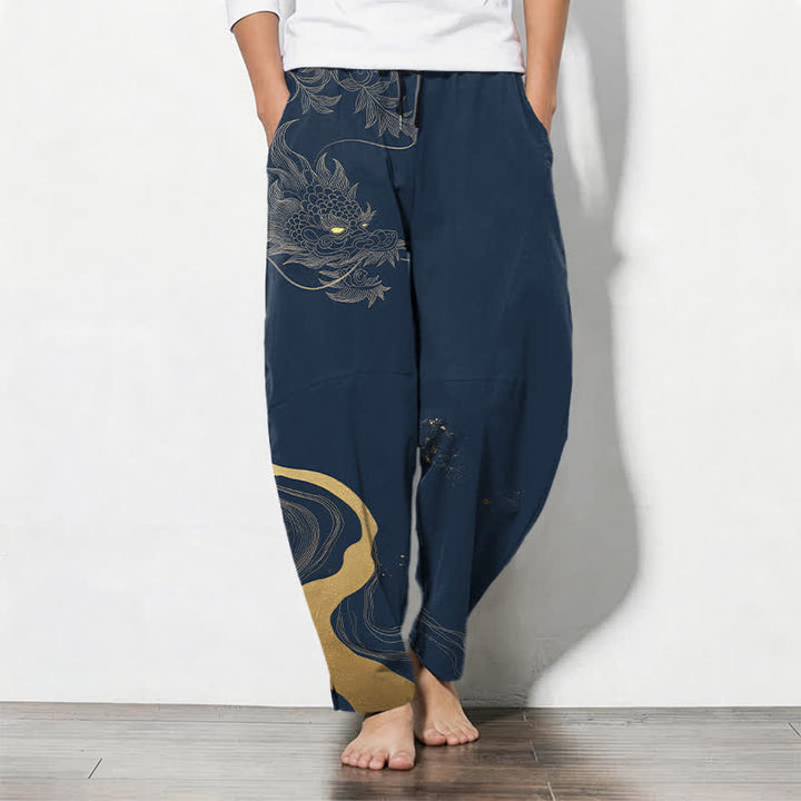 Buddha Stones Herrenhose aus reiner Baumwolle mit goldenem Drachen-, Wolken- und Wellenmuster, Kordelzug, schmal zulaufendem Schnitt und Taschen - Marine - US/ UK/AU50, EU60 (5XL) - image 7