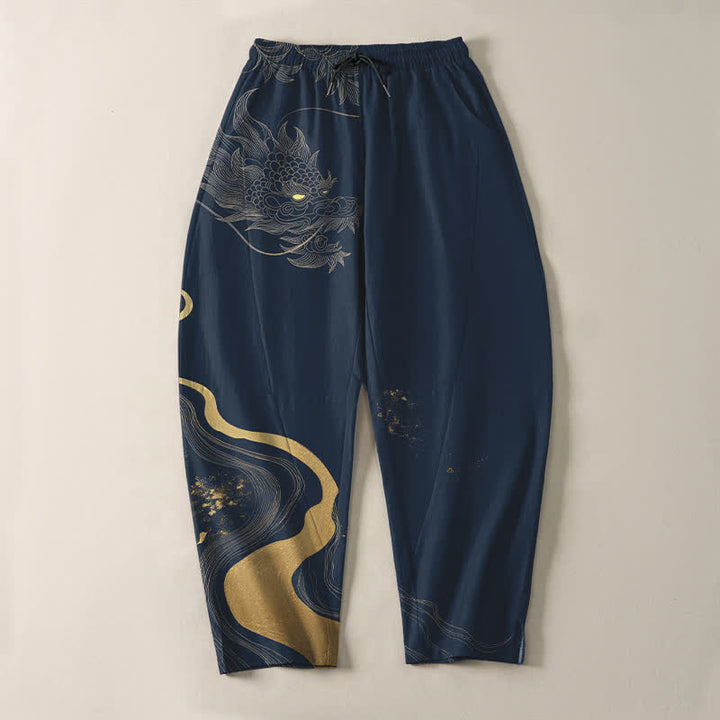 Buddha Stones Herrenhose aus reiner Baumwolle mit goldenem Drachen-, Wolken- und Wellenmuster, Kordelzug, schmal zulaufendem Schnitt und Taschen - image 9