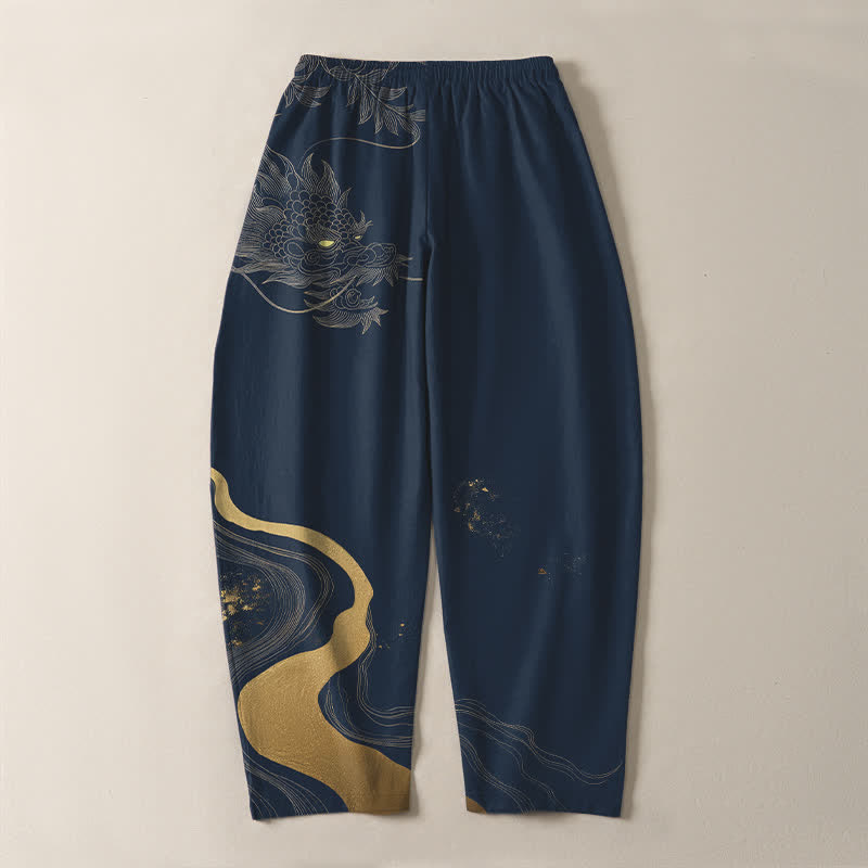 Buddha Stones Herrenhose aus reiner Baumwolle mit goldenem Drachen-, Wolken- und Wellenmuster, Kordelzug, schmal zulaufendem Schnitt und Taschen - image 10