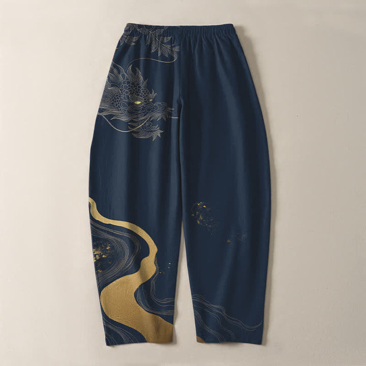 Buddha Stones Herrenhose aus reiner Baumwolle mit goldenem Drachen-, Wolken- und Wellenmuster, Kordelzug, schmal zulaufendem Schnitt und Taschen - image 10