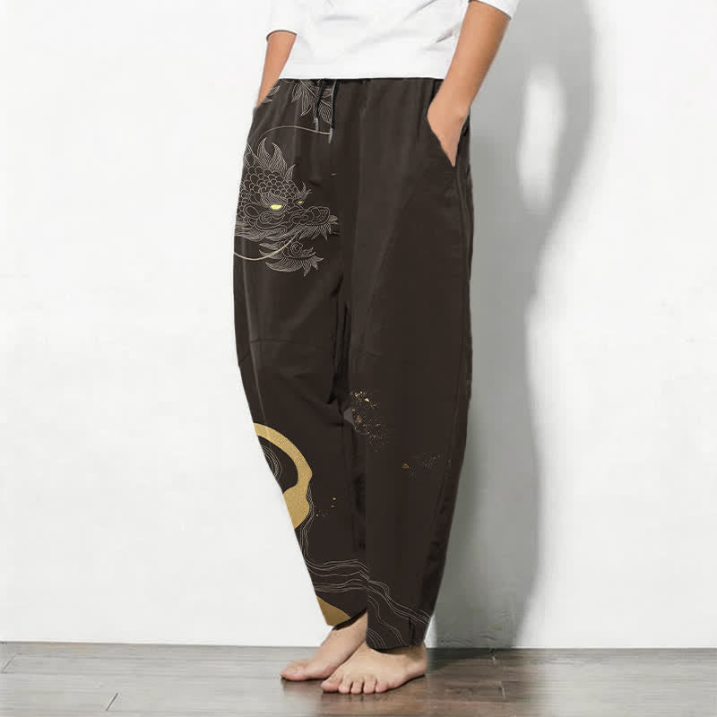 Buddha Stones Herrenhose aus reiner Baumwolle mit goldenem Drachen-, Wolken- und Wellenmuster, Kordelzug, schmal zulaufendem Schnitt und Taschen - image 12