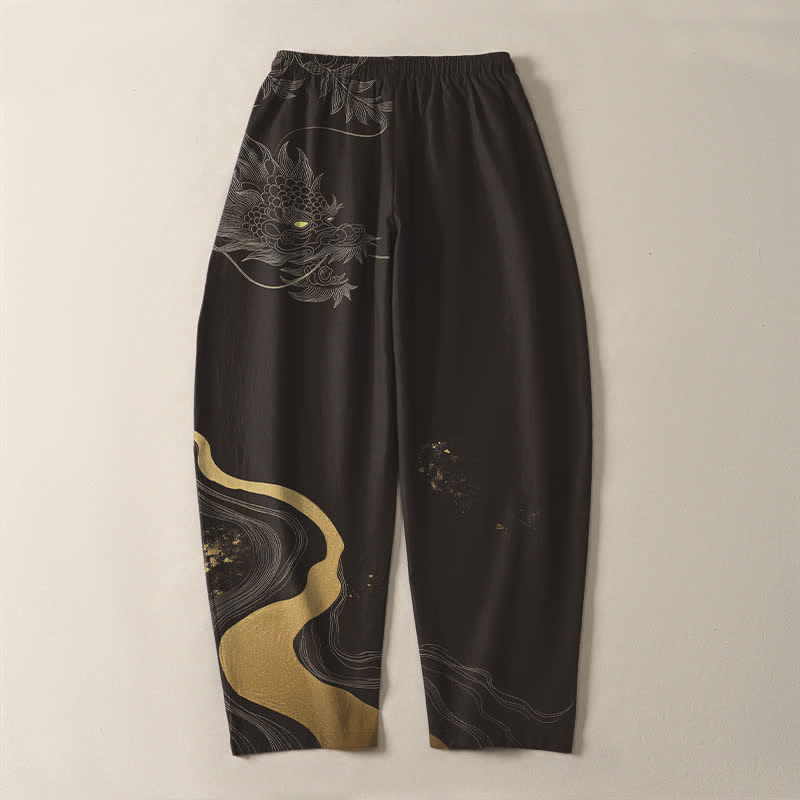 Buddha Stones Herrenhose aus reiner Baumwolle mit goldenem Drachen-, Wolken- und Wellenmuster, Kordelzug, schmal zulaufendem Schnitt und Taschen - image 14