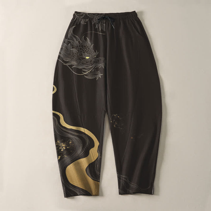 Buddha Stones Herrenhose aus reiner Baumwolle mit goldenem Drachen-, Wolken- und Wellenmuster, Kordelzug, schmal zulaufendem Schnitt und Taschen - image 13