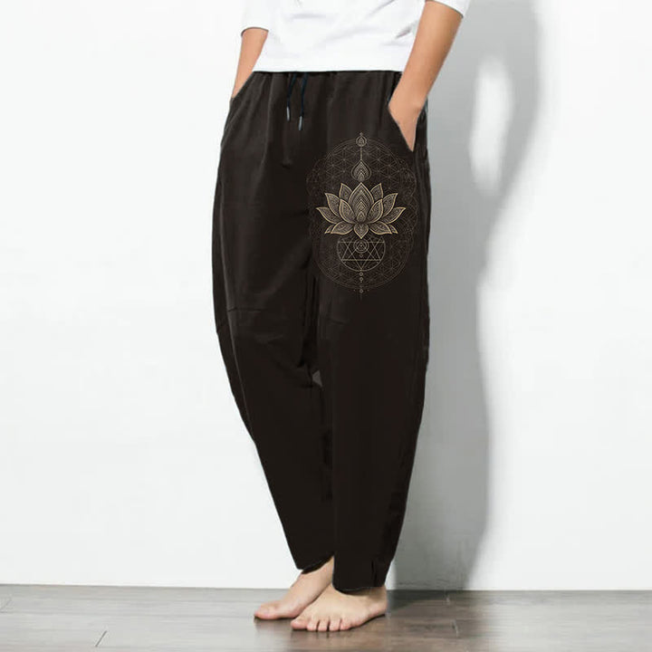 Buddha Stones Herrenhose aus reiner Baumwolle mit Lotus-Mandala-Muster, Kordelzug und Taschen - image 1