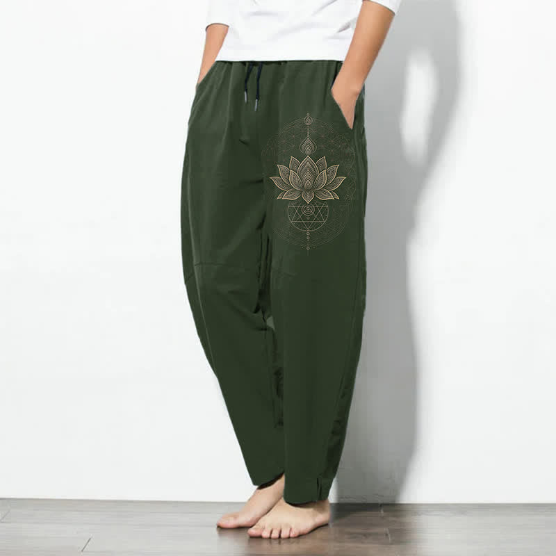 Buddha Stones Herrenhose aus reiner Baumwolle mit Lotus-Mandala-Muster, Kordelzug und Taschen - image 8