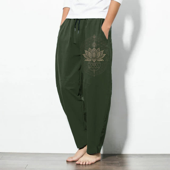 Buddha Stones Herrenhose aus reiner Baumwolle mit Lotus-Mandala-Muster, Kordelzug und Taschen - image 8