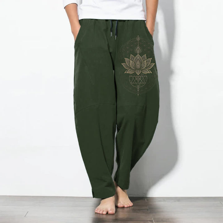 Buddha Stones Herrenhose aus reiner Baumwolle mit Lotus-Mandala-Muster, Kordelzug und Taschen - Dunkelolivgrün - US/ UK/AU50, EU60 (5XL) - image 7