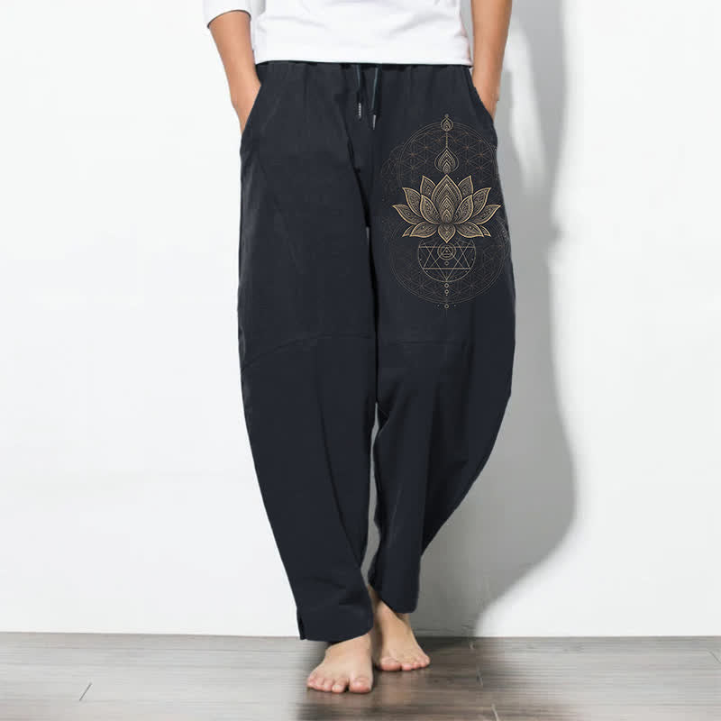 Buddha Stones Herrenhose aus reiner Baumwolle mit Lotus-Mandala-Muster, Kordelzug und Taschen - Marine - US/ UK/AU50, EU60 (5XL) - image 11