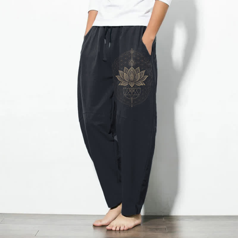 Buddha Stones Herrenhose aus reiner Baumwolle mit Lotus-Mandala-Muster, Kordelzug und Taschen - image 12