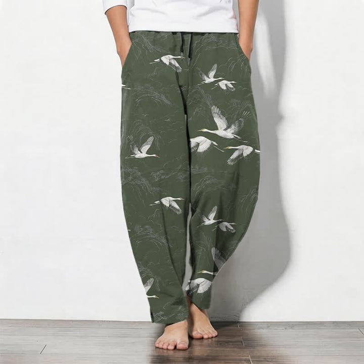 Buddha Stones Weiße Herrenhose aus reiner Baumwolle mit Kranich- und Kiefernmuster, Kordelzug, schmal zulaufender Schnitt und Taschen - Dunkelolivgrün - US/ UK/AU50, EU60 (5XL) - image 7