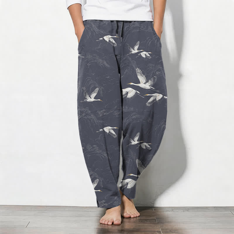 Buddha Stones Weiße Herrenhose aus reiner Baumwolle mit Kranich- und Kiefernmuster, Kordelzug, schmal zulaufender Schnitt und Taschen - Schiefergrau - US/ UK/AU50, EU60 (5XL) - image 11