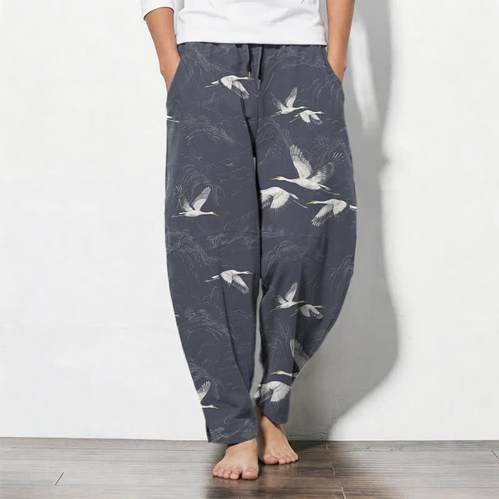 Buddha Stones Weiße Herrenhose aus reiner Baumwolle mit Kranich- und Kiefernmuster, Kordelzug, schmal zulaufender Schnitt und Taschen - Schiefergrau - US/ UK/AU50, EU60 (5XL) - image 11