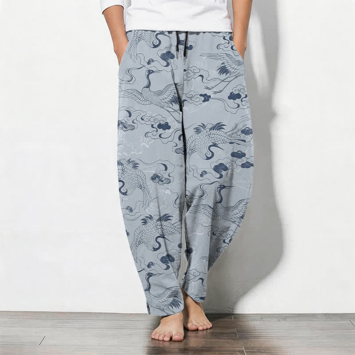 Buddha Stones Herrenhose aus reiner Baumwolle mit Kranich- und Wolkenmuster, Kordelzug, schmal zulaufendem Schnitt und Taschen - Hellstahlblau - US/ UK/AU50, EU60 (5XL) - image 0