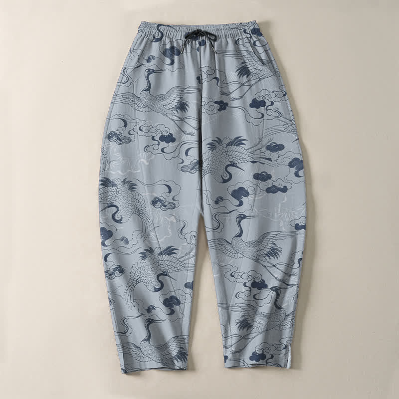 Buddha Stones Herrenhose aus reiner Baumwolle mit Kranich- und Wolkenmuster, Kordelzug, schmal zulaufendem Schnitt und Taschen - image 2