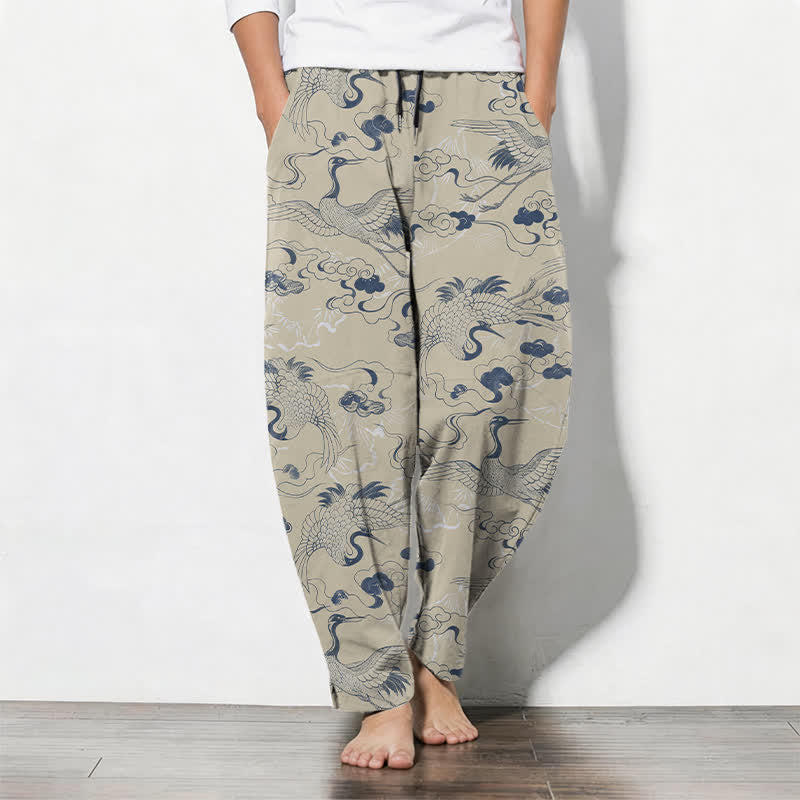 Buddha Stones Herrenhose aus reiner Baumwolle mit Kranich- und Wolkenmuster, Kordelzug, schmal zulaufendem Schnitt und Taschen - Beige - US/ UK/AU50, EU60 (5XL) - image 7