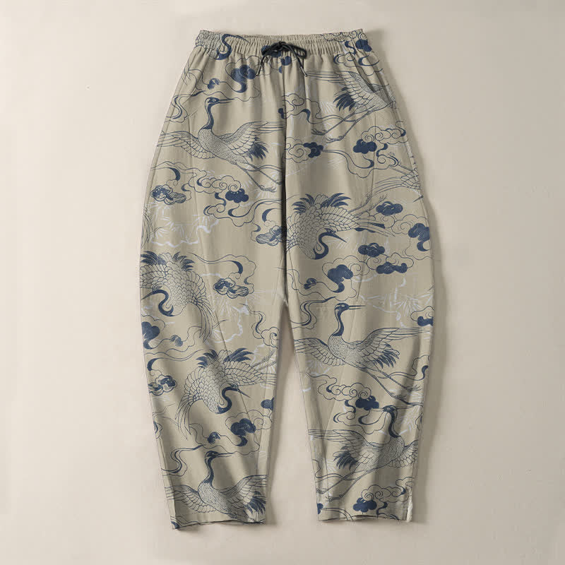 Buddha Stones Herrenhose aus reiner Baumwolle mit Kranich- und Wolkenmuster, Kordelzug, schmal zulaufendem Schnitt und Taschen - image 9