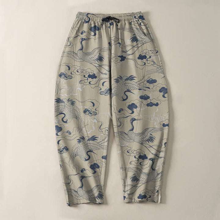 Buddha Stones Herrenhose aus reiner Baumwolle mit Kranich- und Wolkenmuster, Kordelzug, schmal zulaufendem Schnitt und Taschen - image 9