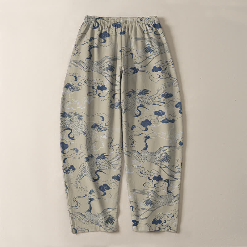 Buddha Stones Herrenhose aus reiner Baumwolle mit Kranich- und Wolkenmuster, Kordelzug, schmal zulaufendem Schnitt und Taschen - image 10