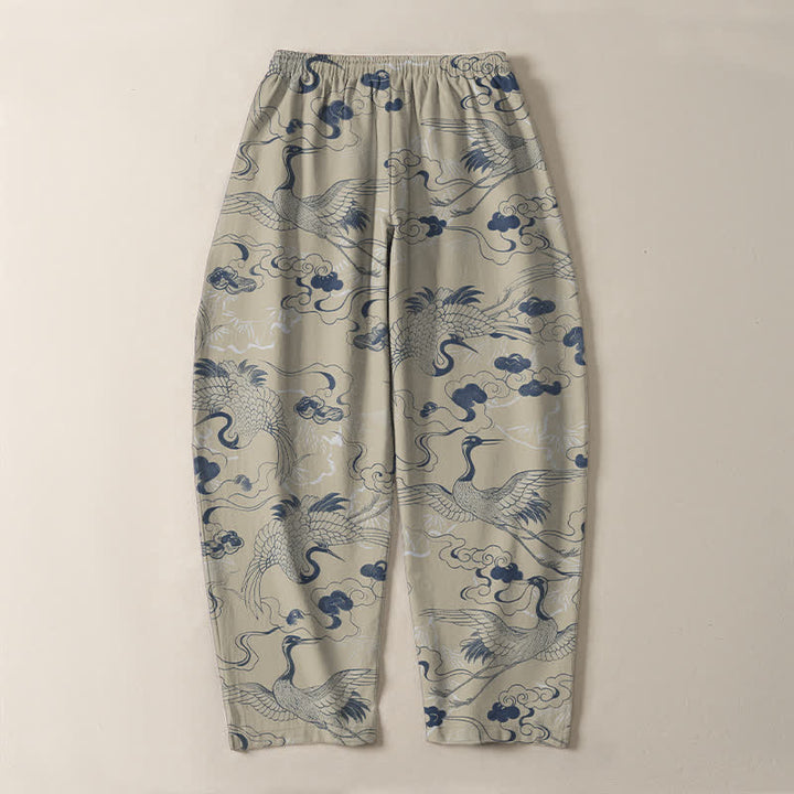 Buddha Stones Herrenhose aus reiner Baumwolle mit Kranich- und Wolkenmuster, Kordelzug, schmal zulaufendem Schnitt und Taschen - image 10